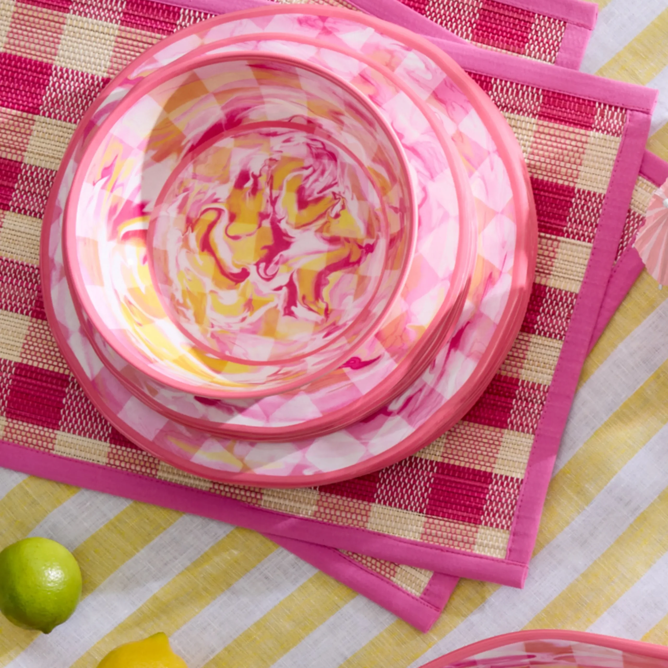 Pink Woven Check Straw Placemats, Set of 4