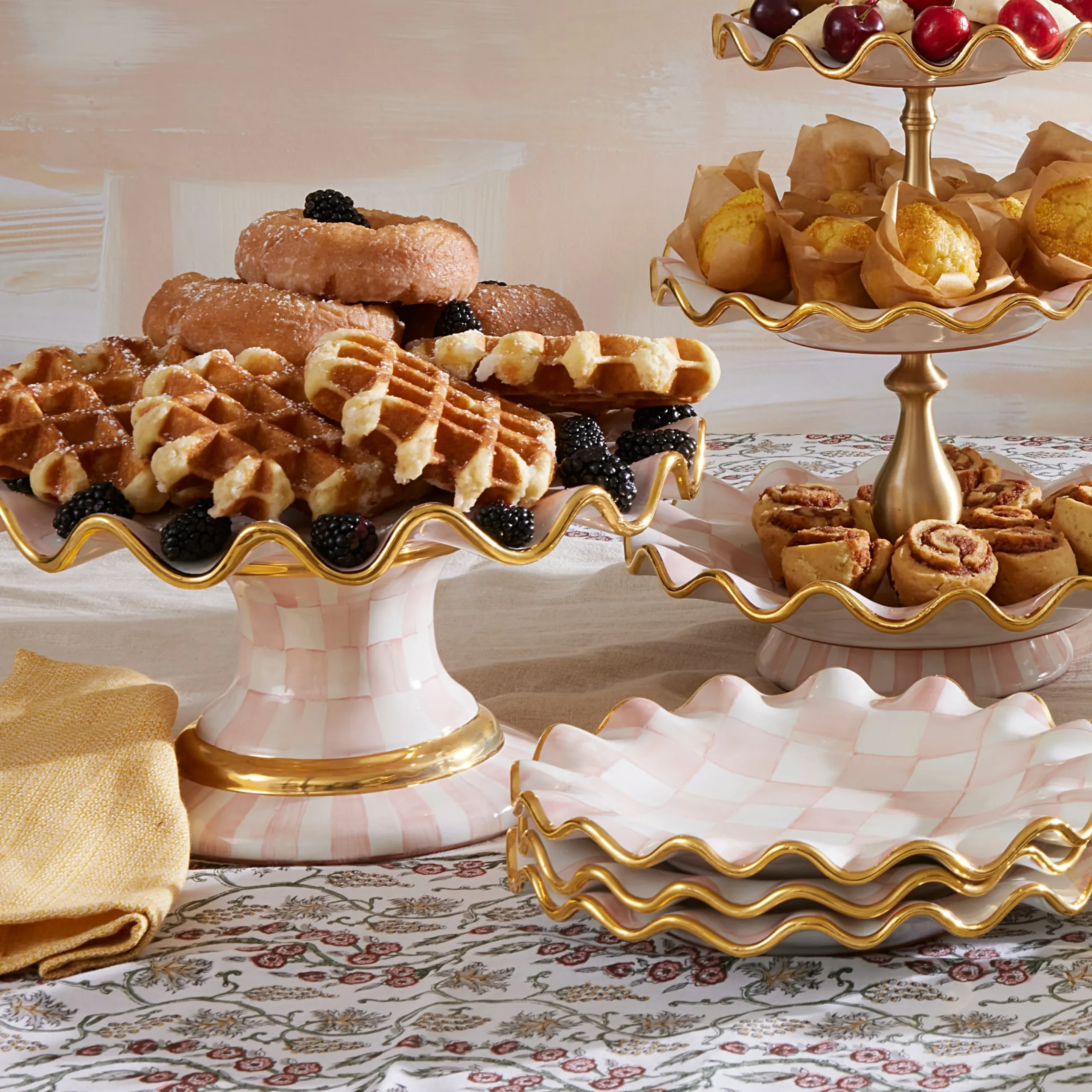 Rosy Check Ceramic Fluted Cake Stand