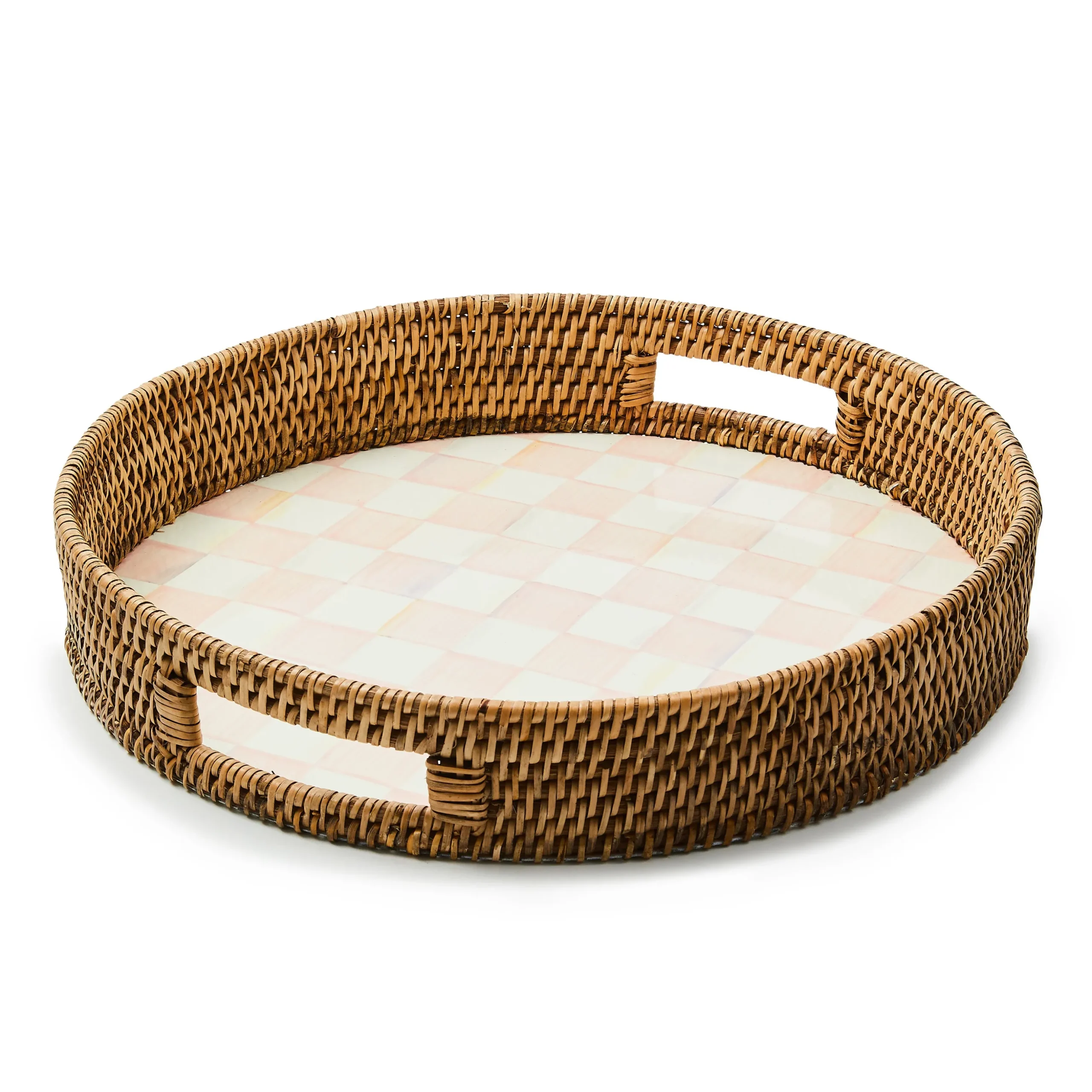 Rosy Check Enamel & Rattan Round Serving Tray