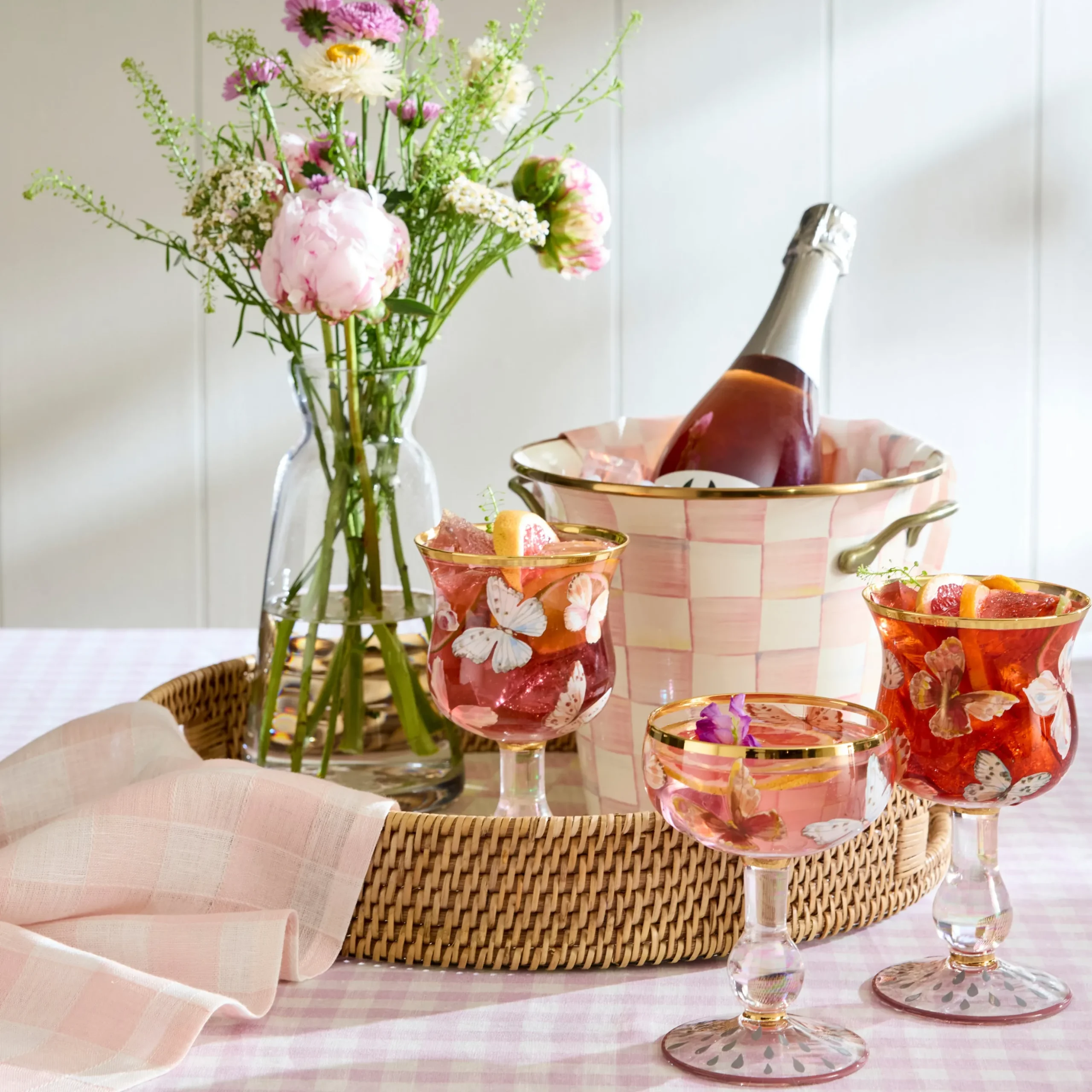 Rosy Check Enamel & Rattan Round Serving Tray
