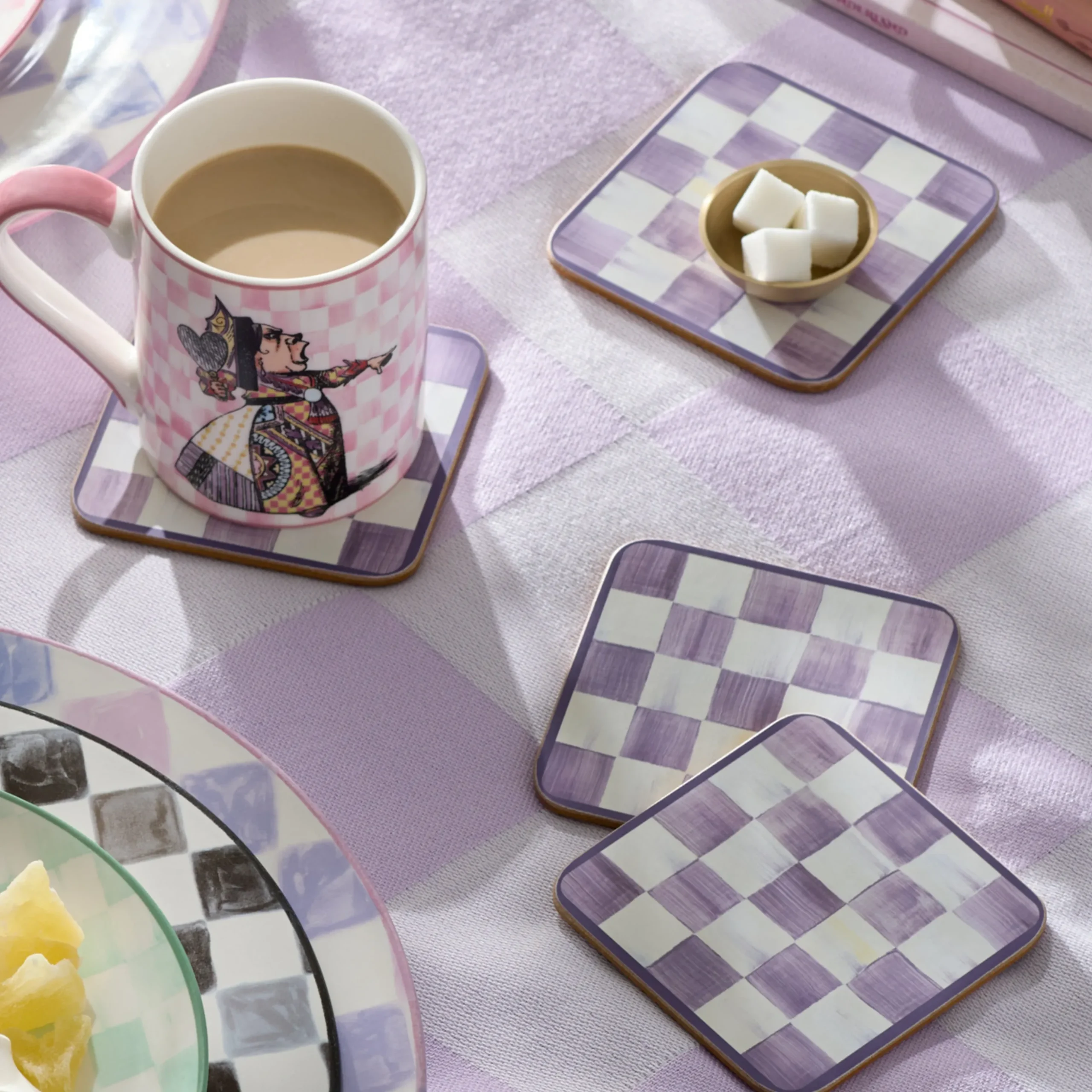 Violet Check Cork Back Coasters, Set of 4