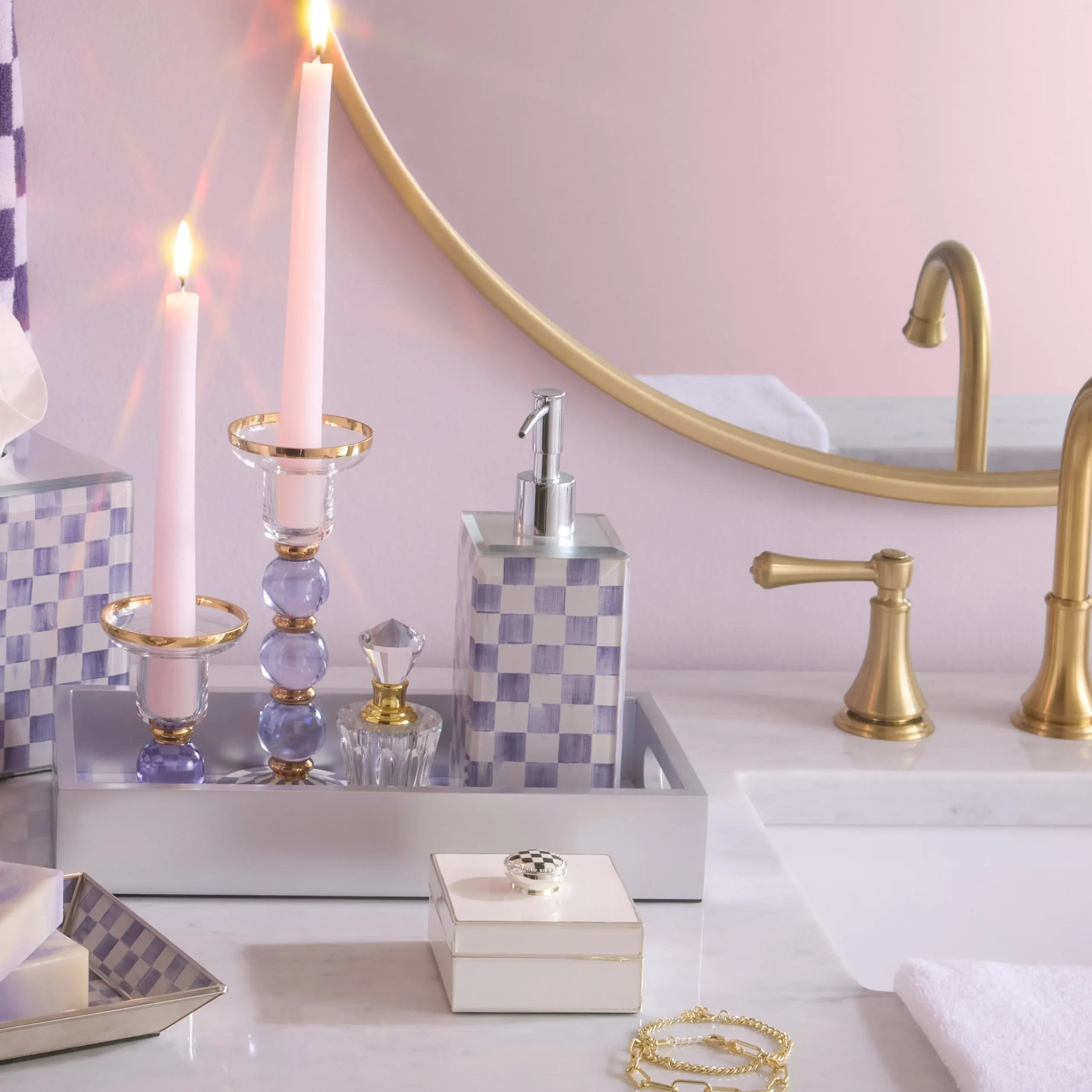 Violet Check Glass Soap Pump
