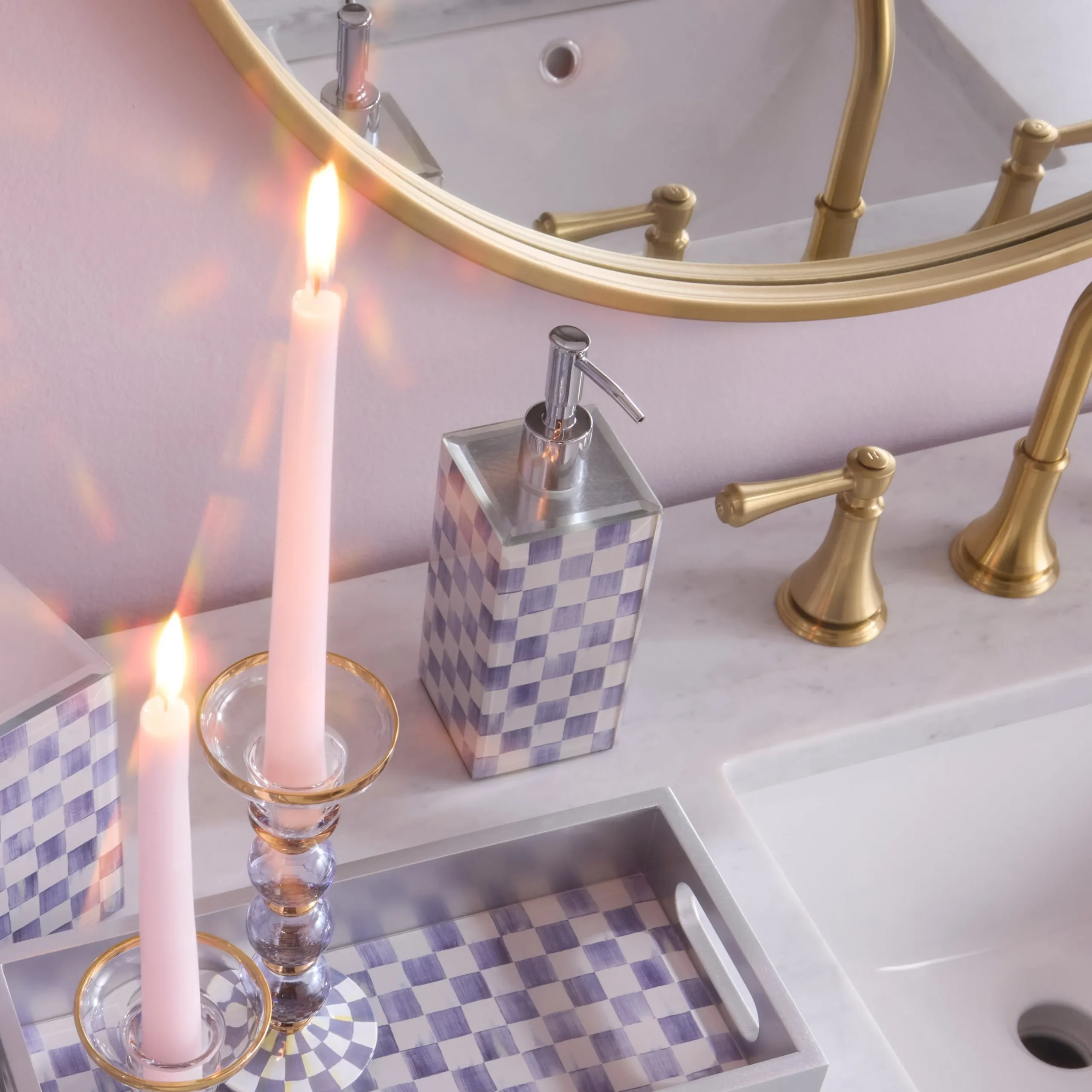 Violet Check Glass Soap Pump