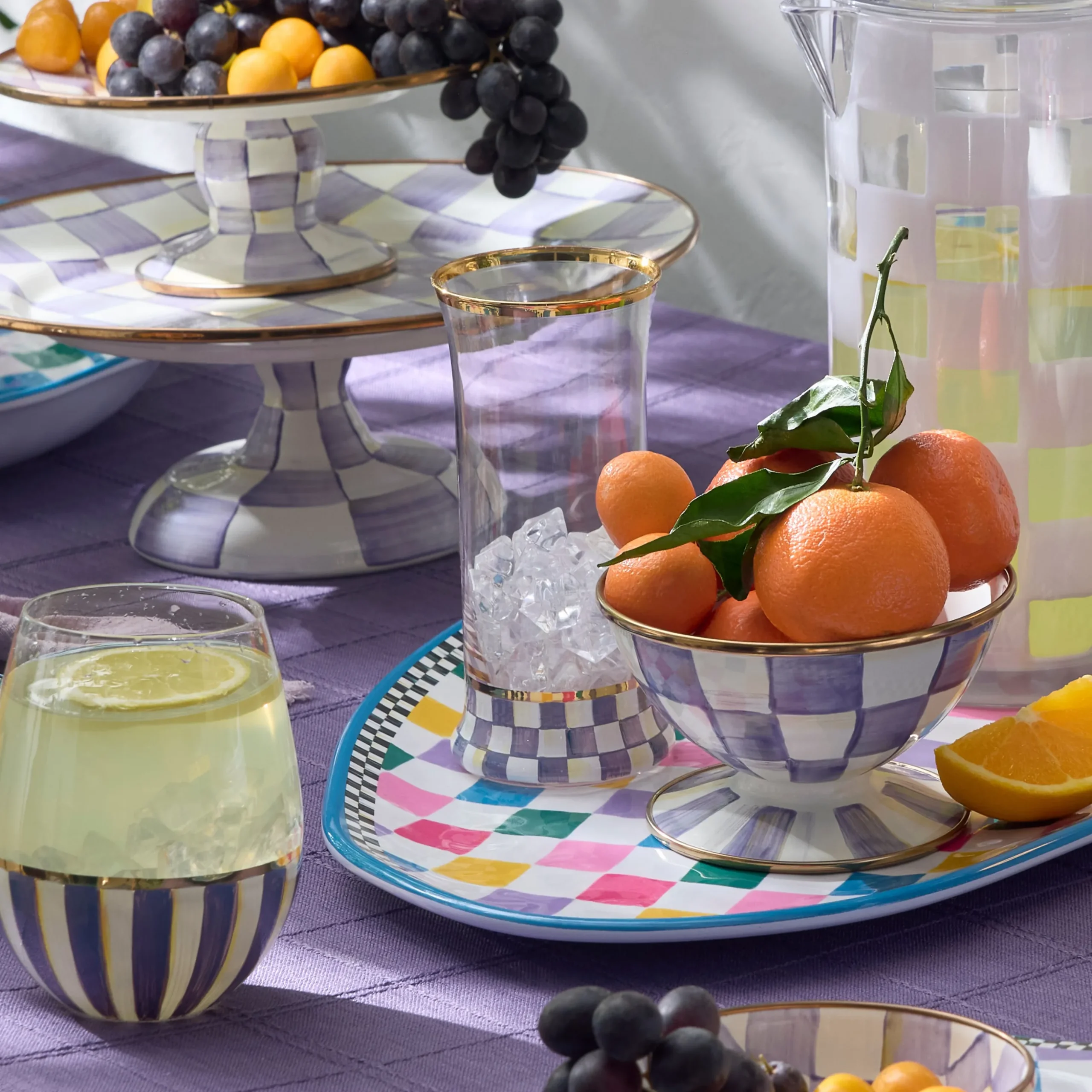 Violet Check Highball Glass, Set of 2