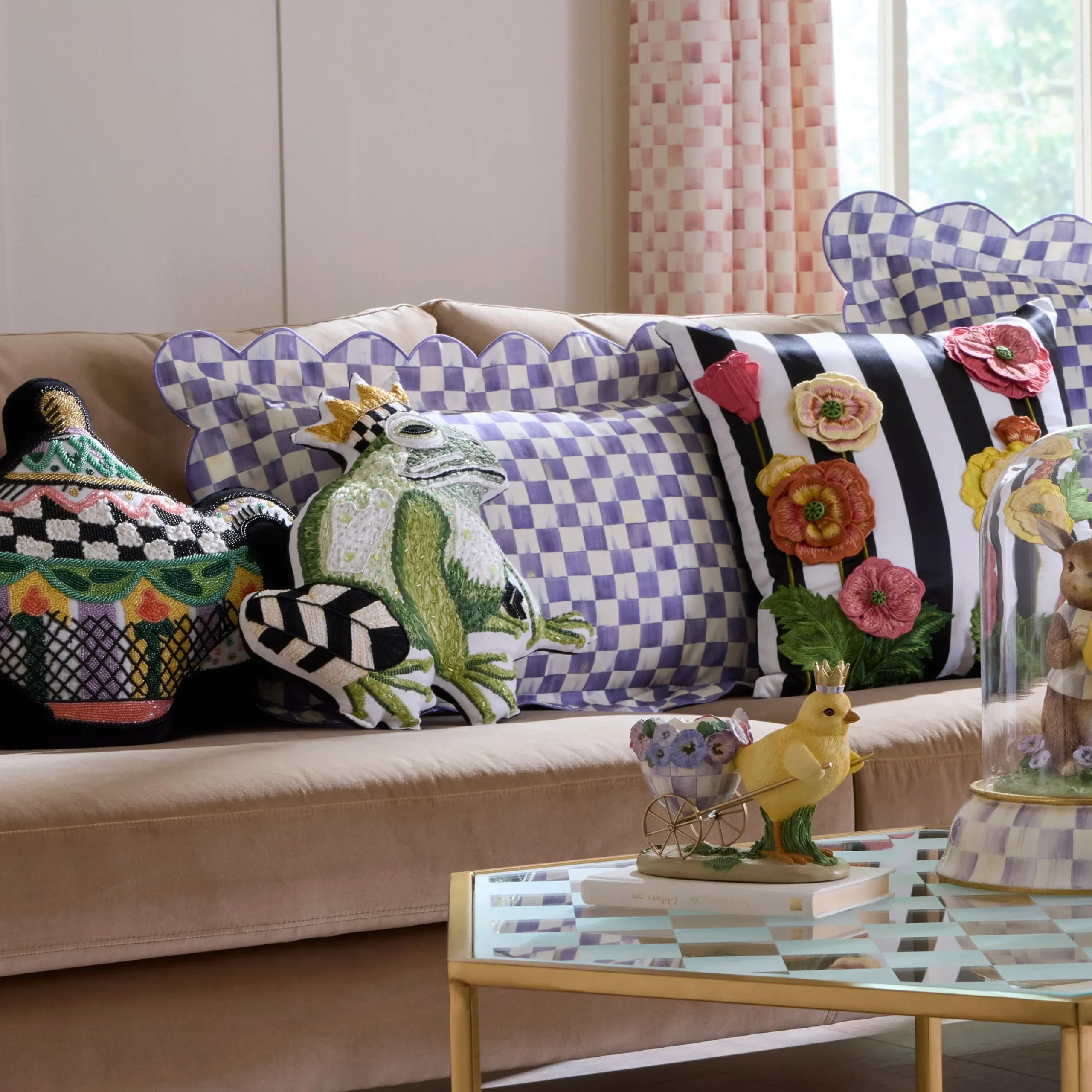 Violet Check Reversible Scalloped Throw Pillow