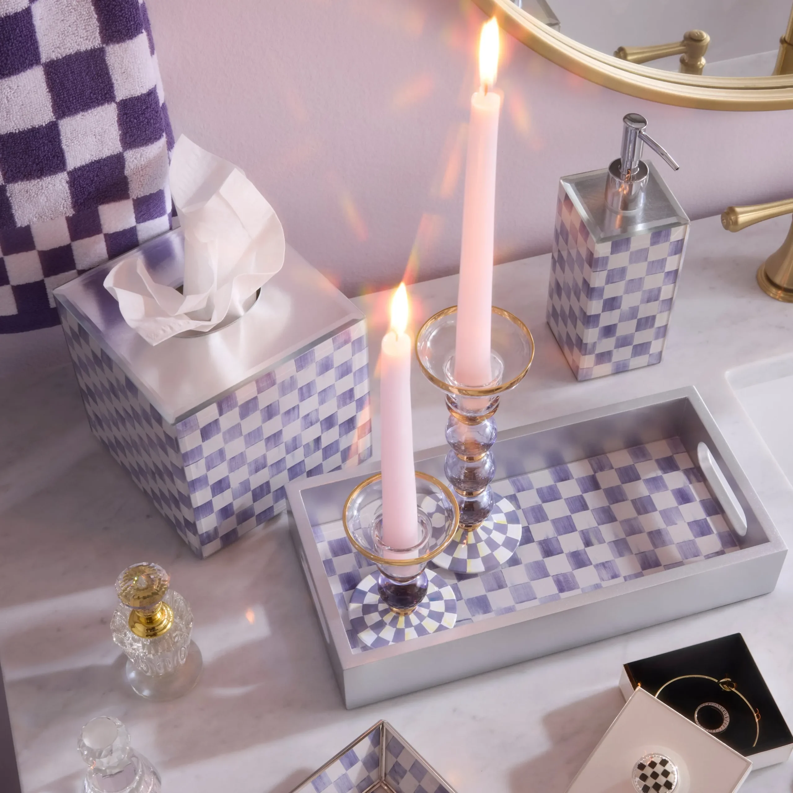 Violet Check Small Glass Candlestick
