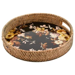 Wild Rose Brown Enamel & Rattan Round Serving Tray
