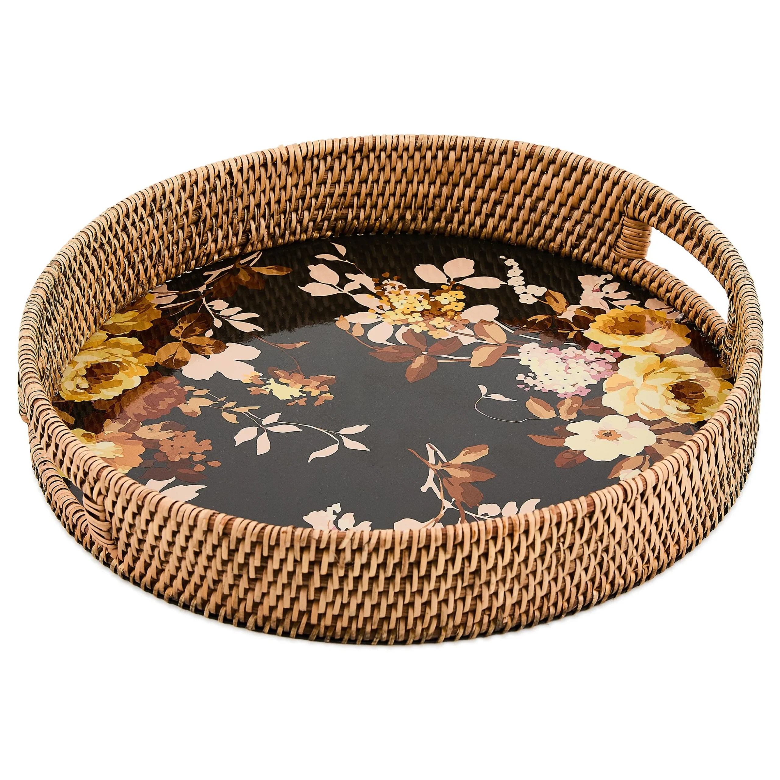 Wild Rose Brown Enamel & Rattan Round Serving Tray