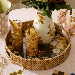 Wild Rose Brown Enamel & Rattan Round Serving Tray