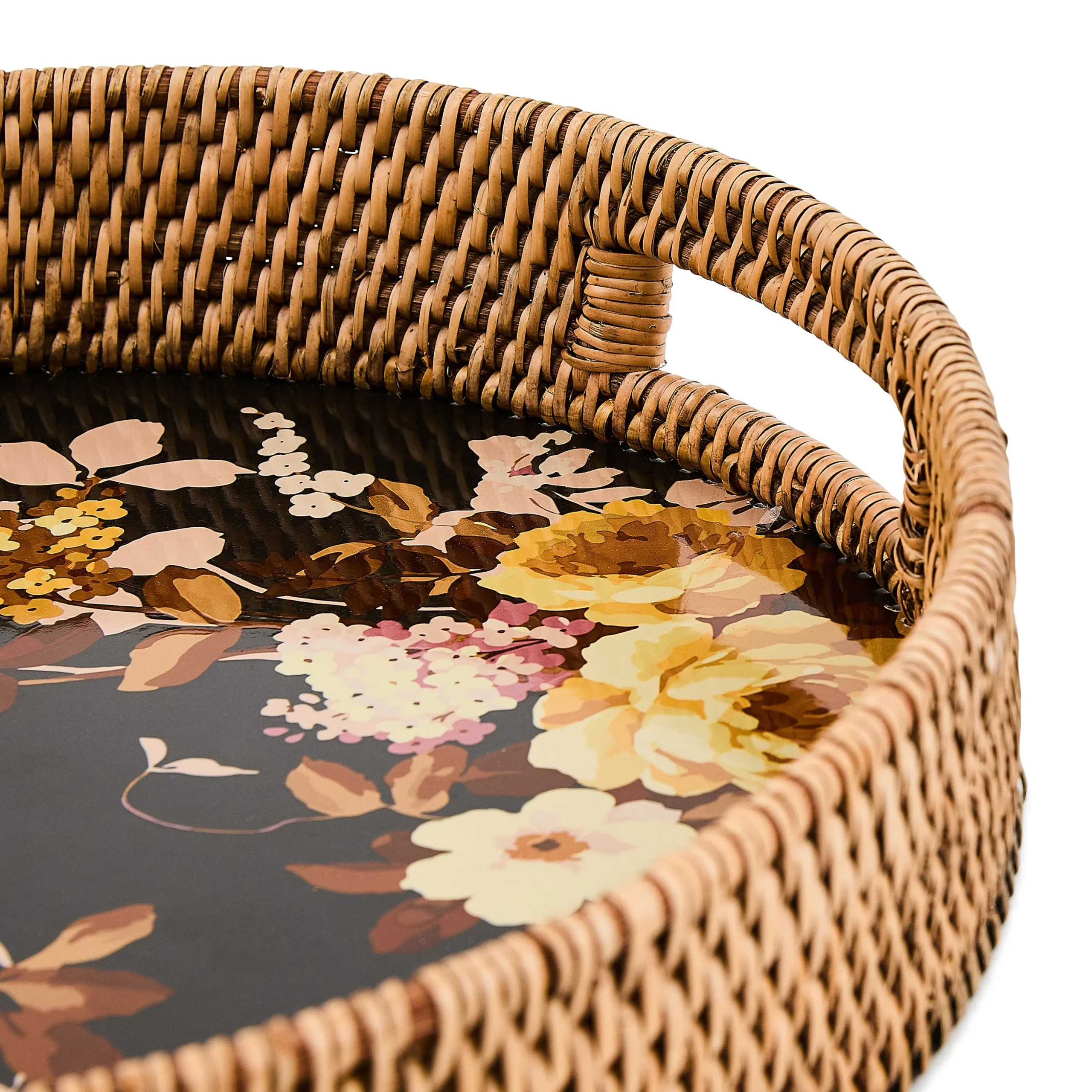 Wild Rose Brown Enamel & Rattan Round Serving Tray