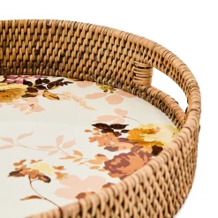 Wild Rose White Enamel & Rattan Round Serving Tray